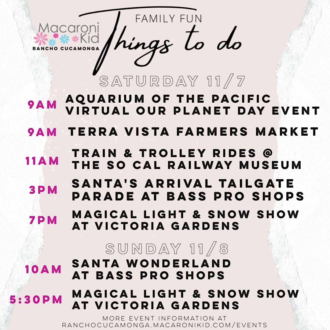 MacKidCucamonga's tweet photo. Looking for some holiday fun this weekend?

🍎 Farmers market
💻Online fun
🚂 Train rides
🎅🏽 Santa arrives at Bass Pro 
❄️ Snow &amp; trees light up the night at Victoria Gardens!

So many family memories just waiting to be made!

👉🏼 Event details - https://t.co/6M6nzXzrGE https://t.co/kA6pmSxWDU
