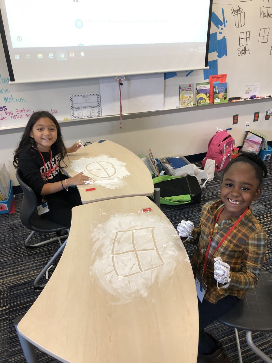 MissKaresh's tweet image. Practicing fractions with shaving cream today! Math was not my favorite in school, so it is SO rewarding to see kids having fun with their learning in different ways! @RogersFrisco #ourFISDstory #ChallengeAccepted #CreatingLearningExperiences
