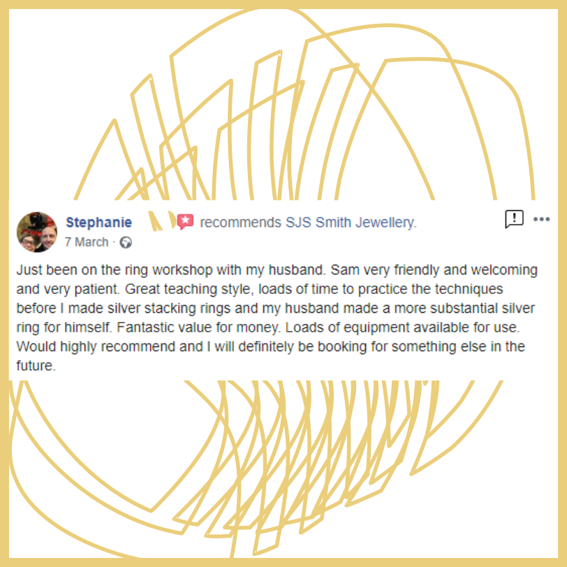 SJSJewellery's tweet image. #testimonial from a lovely customer. Book via: bit.ly/345Xuz8 
#makeyourownjewellery
#silverclassesstockport
#creativeclasses
#jewelleryclass
#jewellerymaking
#jewellerymakingworkshops
#jewelleryworkshops
#learntomakejewellery
#becreative
#learnandplay
#silversmithing