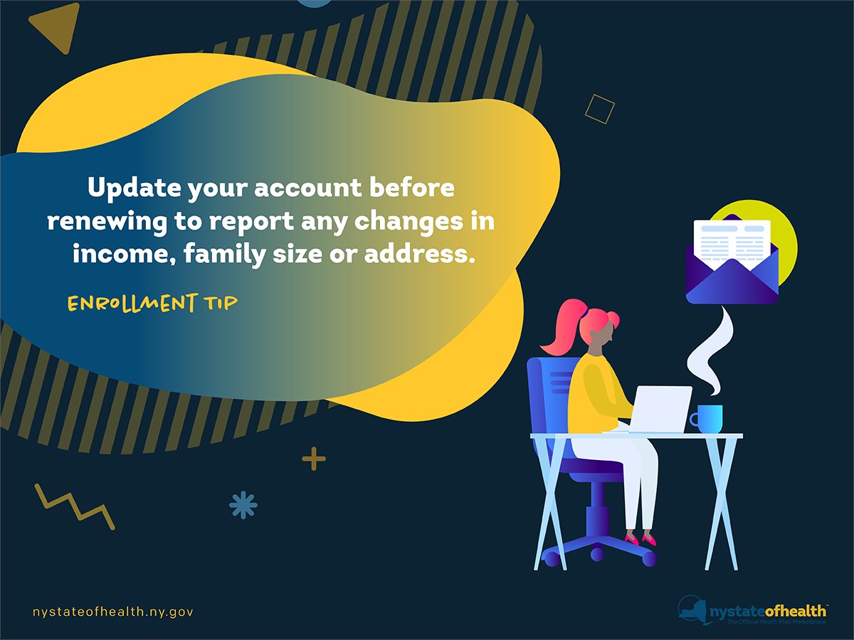 NYStateofHealth's tweet photo. Are you a current NY State of Health enrollee? 2021 Qualified Health Plan renewals begin on November 16, but you can login now to report any changes to your account. https://t.co/m8HEE6cDio #EnrollmentTips #NYSOHTips #EnrollNY https://t.co/ZfCpCASrM5