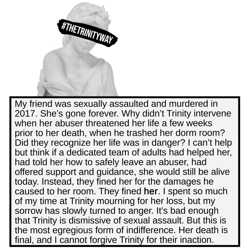 CW Sexual Assault “My friend was sexually assaulted &amp; murdered in 2017....I can’t help but think if a dedicated team of adults had helped her...she would still be alive today...” 
#TheTrinityWay #TrinityUniversity