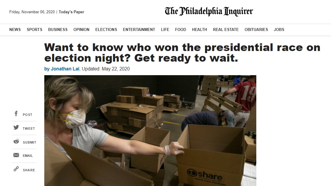 In May, before the primary, we said the pandemic had driven an increase in demand for mail ballots that made it clear results would take days.Counties simply couldn’t process all of them in one night, or even a few days. https://www.inquirer.com/politics/election/coronavirus-pa-mail-ballots-2020-election-results-20200522.html