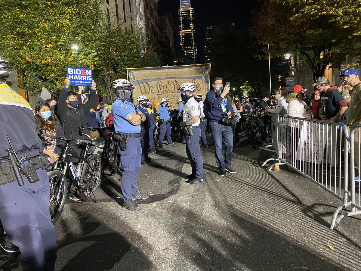 Philly police have these dueling protests divided with metal barriers and also their bikes used as a physical barrier. only reporters with ID allowed in the middle, which is about 12ft wide. not really any interaction between the two minus just... staring and filming each other