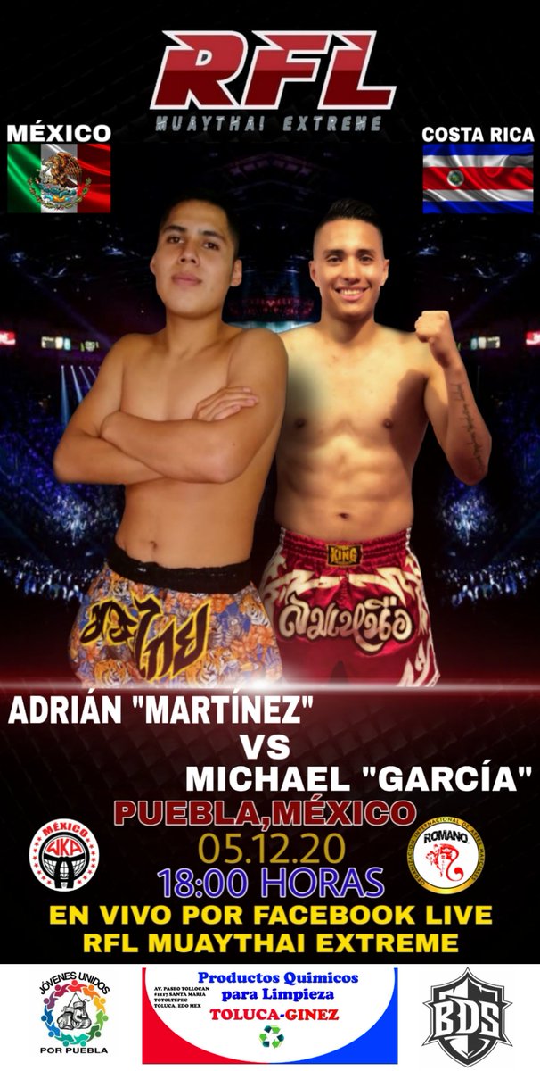 MuayRfl's tweet photo. ADRIรN MARTรNEZ ๐ฒ๐ฝ VS MICHAEL GARCรA ๐จ๐ท
En #RFL19 ๐ฅ๐ค๐ค๐ฅ Internacional ๐sรกbado 5 de diciembre 18:00hras en vivo por Facebook live. ๐ฅ
#RFLlive #RFLenCasa #RFLnuevaEra #RFLnuevaNormalidad #RFLMuayThaiExtreme https://t.co/x7G9P0k5Sj