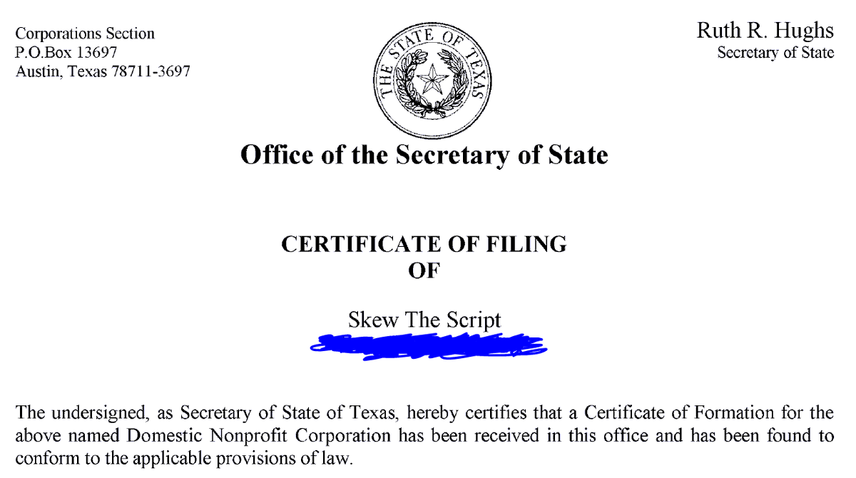 skewthescript's tweet image. We're now, according to the state of Texas, an official nonprofit. Woohoo!

#MakeMathRelevant