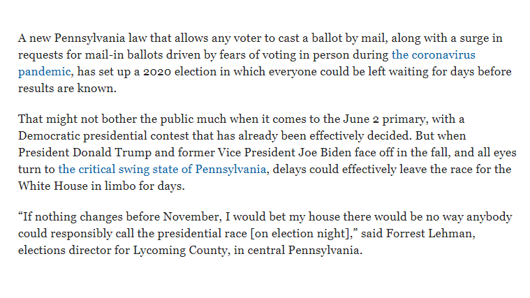 And the thing we noted then was the public might not really notice the long counting of votes, given the primary. https://www.inquirer.com/politics/election/coronavirus-pa-mail-ballots-2020-election-results-20200522.html