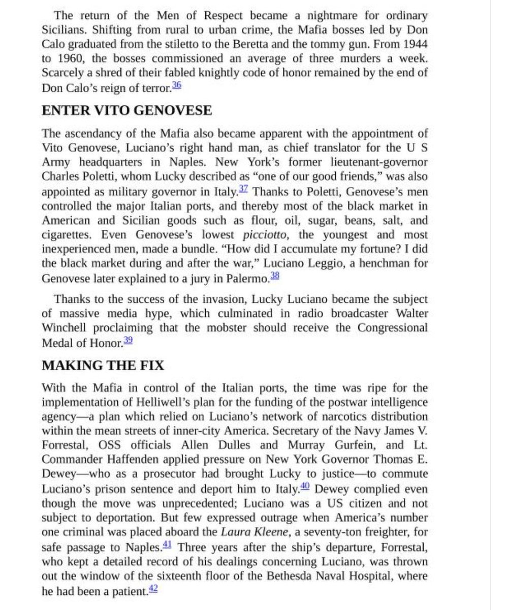 During WWII, US spymasters recruited mafiosos, including Lucky Luciano and Vito Genovese, to assist with the invasion of Sicily and other parts of Italy. The "Men of Respect," driven out by Mussolini, were ushered back into power.