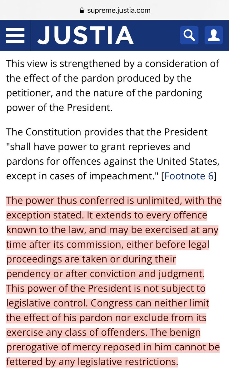 Not that I& #39;m aware of; there& #39;d be no one with standing to sueRegardless, the scope of the President& #39;s pardon power is near-absolute and has been considered by SCOTUS several timesSee, e.g., this passage from Ex Parte Garland, 71 US 333, 380 (1867)  https://twitter.com/kthxbye_g...