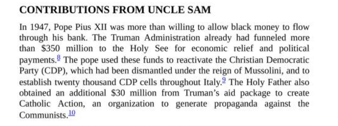 In essence, the Vatican, due to its status as a sovereign nation-state, had financial freedom to launder money from black operations (the sale of narcotics, etc) to mob bosses in Italy without the prying eyes of Italian or American oversight complicating things.