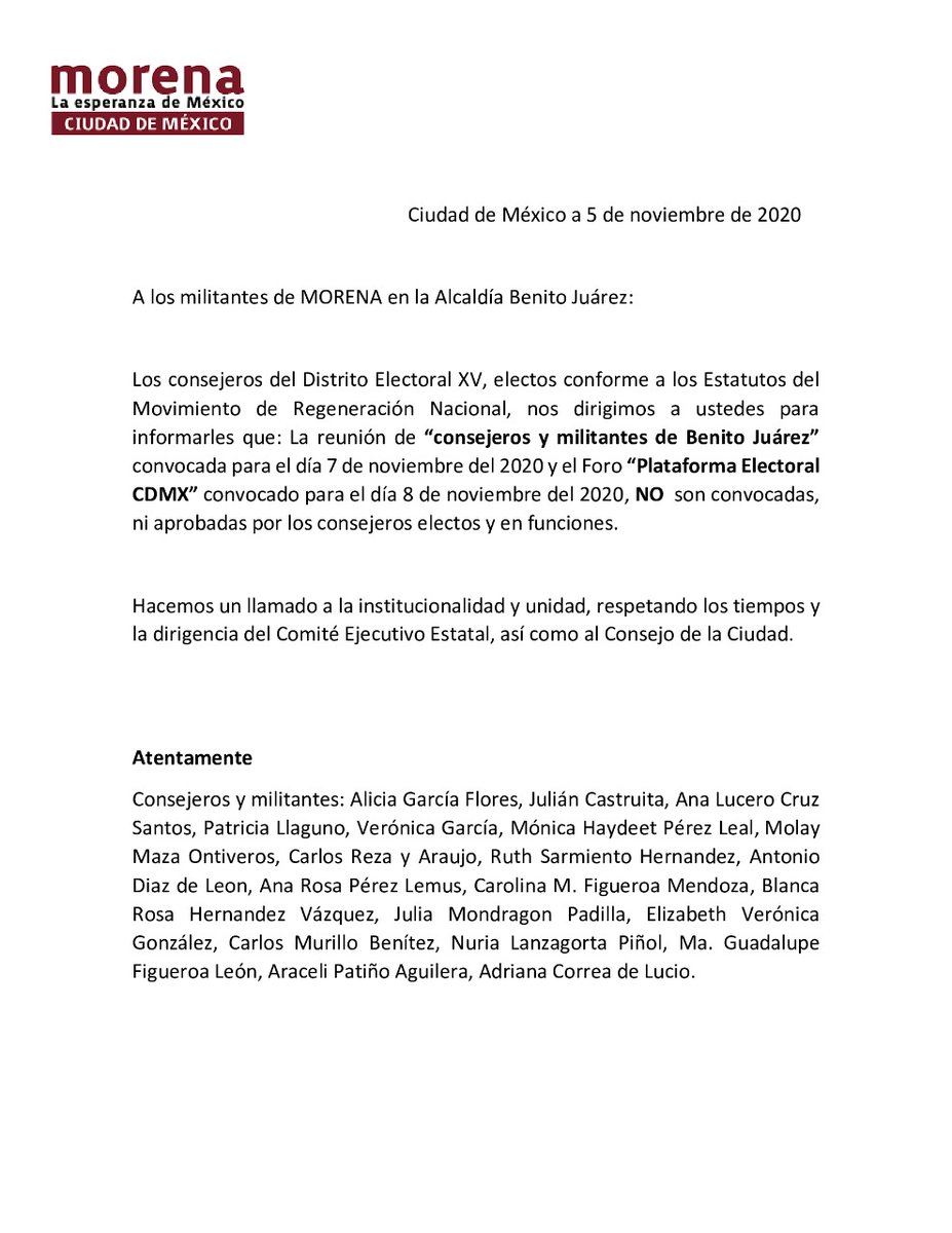 AMmoBJ_'s tweet photo. ⚠️INFORMACIÓN IMPORTANTE⚠️

Los consejeros del Distrito Electoral XV, electos conforme a los estatutos del @PartidoMorenaMx emiten el siguiente comunicado: https://t.co/N55dV2m0h0