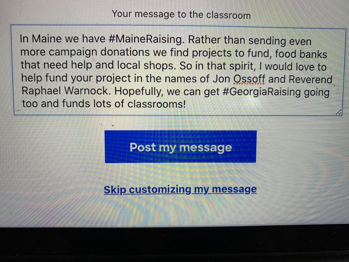 Mrs. Williams is fully funded! Let’s fund classrooms, local shops, and food banks #MaineRaising style. #GeorgiaRising @TiffanyBond @ReverendWarnock @ossoff