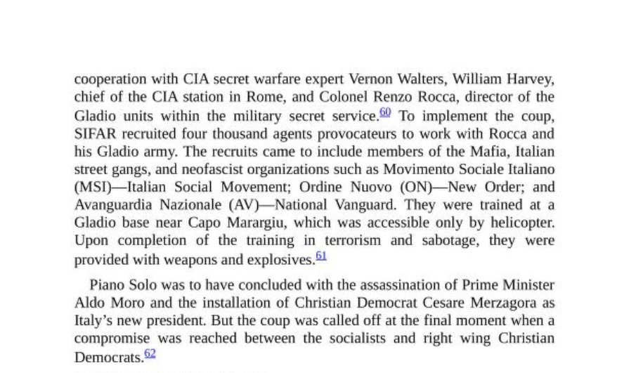 Gladio footsoldiers as anti-democratic enforcers: they beat and repressed Italian communist demonstrators and prevented them from being part of a coalition government there in 1963. Had the repression failed, the backup plan was to assassinate Aldo Moro, Christian Democratic PM: