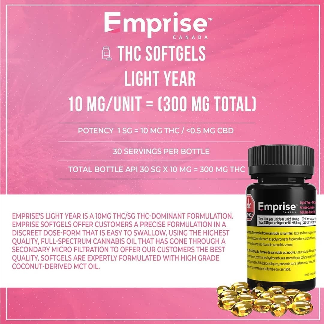 EmpriseCanada's tweet photo. Introducing Emprise Light Year THC Softgels. 
10mg/sg THC - 30 Softgels per Bottle. 
Check your local cannabis retailer for availability. 
- Now Available in BC Cannabis Stores, Coming soon to Ontario Cannabis Stores https://t.co/EMey7Sc0fh