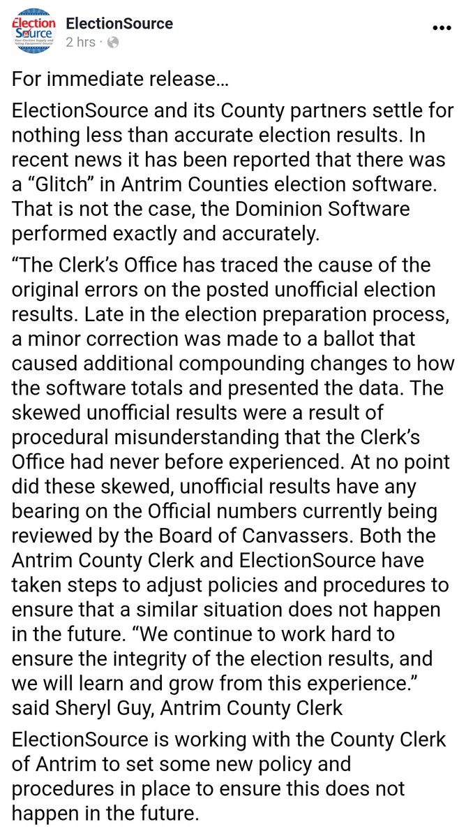 RonPaulSwede's tweet photo. Election Source (who makes the voting software) wrote this on Facebook 2h ago.
#ElectionSource https://t.co/GB3gXb7SjJ