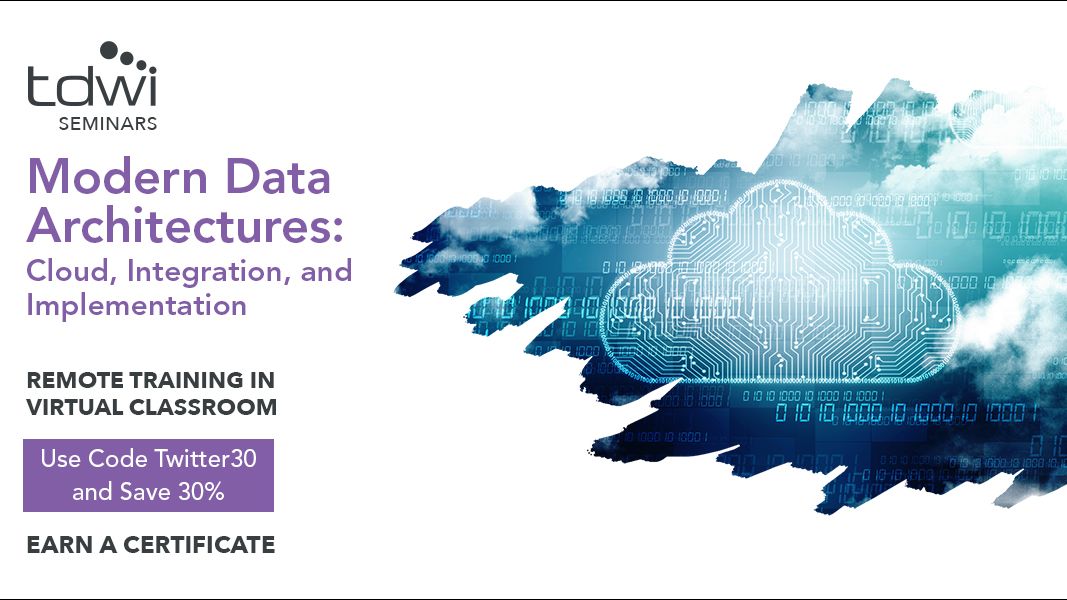 Build an actionable #roadmap for the #cloud during day 3 of the #TDWIVirtualSeminar: Modern #DataArchitectures. Save 30% with code Twitter30. Learn more: bit.ly/3c1vMHI

#DataAnalytics #MachineLearning #DataScience #CloudArchitecture #CloudAdoption