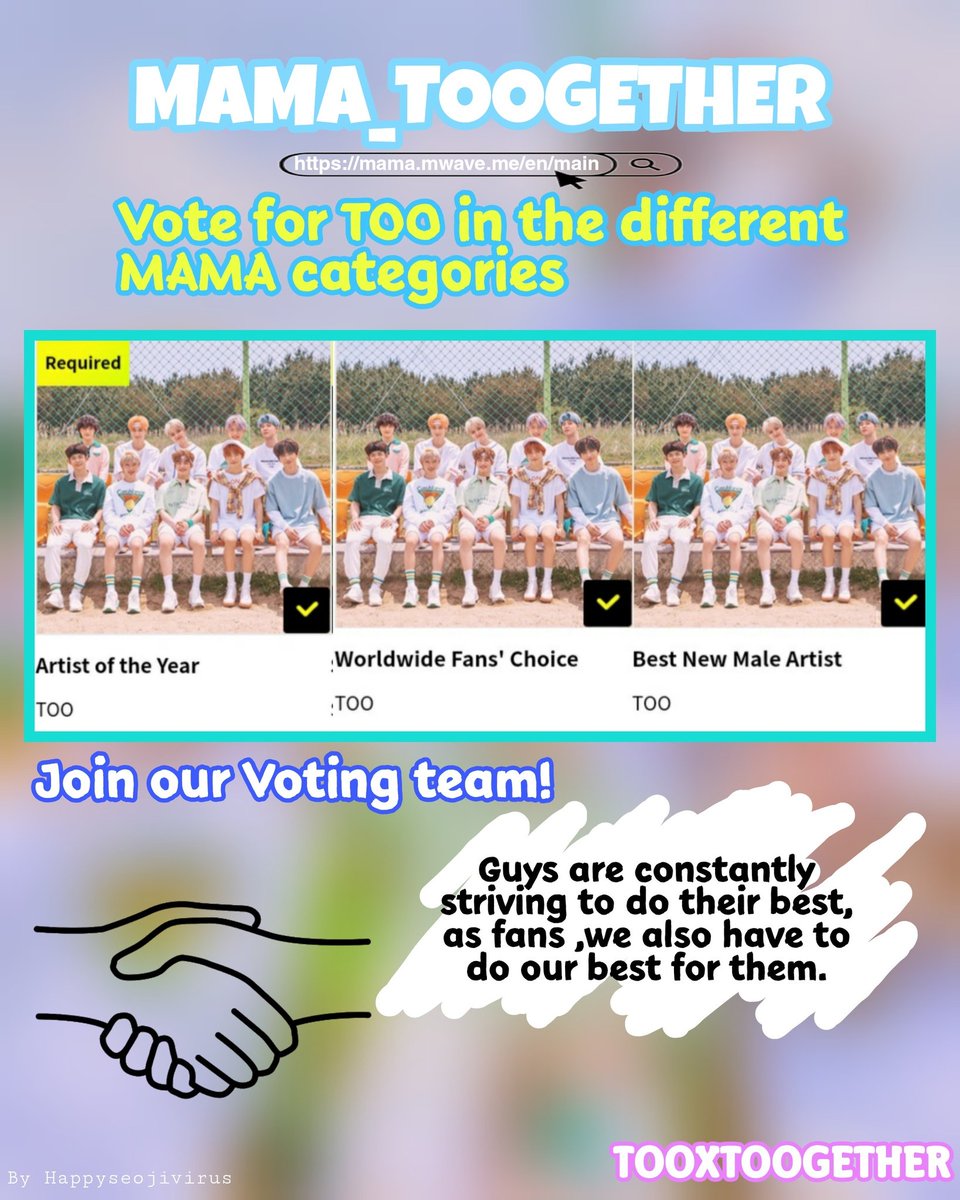 mloonatqm's tweet photo. ⚠TOOGETHER! ⚠
As we know, MAMAs are getting closer and #TOO is nominated In the Category 'The new Best Male Artist, Artist of the Year and Worldwide Fan Choise'
For that reason, we create a project called: #MAMA_TOOgether which would help to increase the voting percentage  (+) https://t.co/QptVCrVtkz