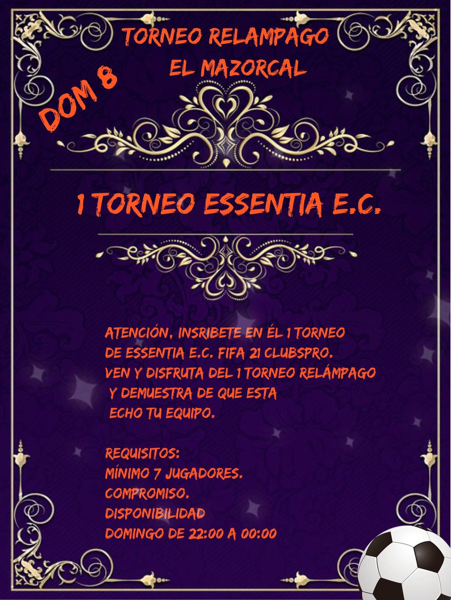 tomyhatch's tweet photo. ATENCION!! INSCRIBETE EN EL 1 TORNEO RELAMPAGO CLUBS PRO. EL MAZORCAL!! 
DOMINGO 8 DE NOVIEMBRE DE 22:00 a 00:00. 
ESCRIBE A @Anchelotii23 , @Essentia_ec O MANDA MD Y DISFRUTA DE UNA BUENA NOCHE DE FUTBOL Y DEMUESTRA DE QUE ESTA ECHO TU EQUIPO.
MINIMO 7 JUGADORES.
+info md https://t.co/KDeEAxnNkw