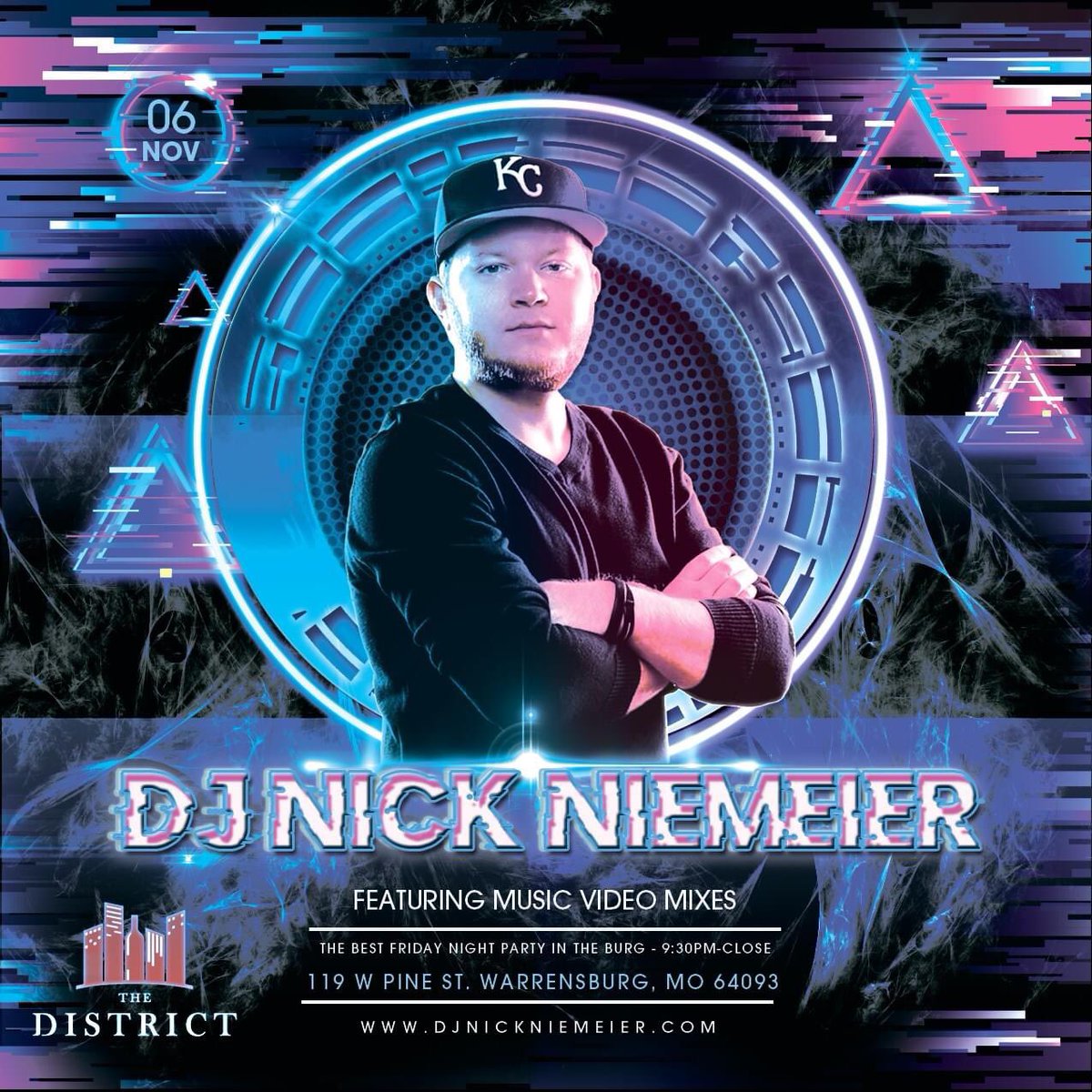 DJNickNiemeier's tweet photo. Back in #Warrensburg tonight! I’m spinning music videos at the @DistrictonPine from 9:30pm-close! It’s that ⏰ #UCM! https://t.co/abFKvcPg2o
