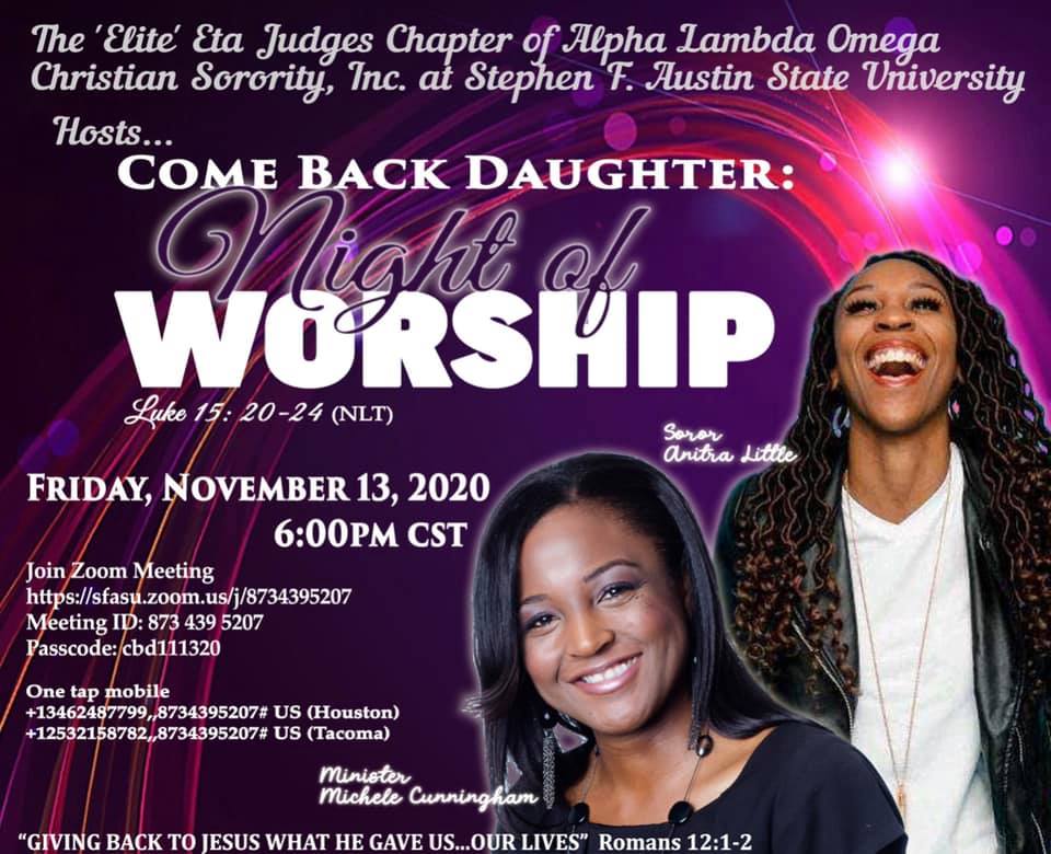 Sfa_Lambdas's tweet photo. We are 7 days away from Come Back Daughter: Night of Worship!!
Share and Invite:)

Zoom Link and details:
https://t.co/pj1yIwsfQj
Meeting ID: 873 439 5207
Passcode: cbd111320
One tap mobile
+13462487799,,8734395207# US (Houston)
+12532158782,,8734395207# US (Tacoma) https://t.co/wjeZvY2PE8