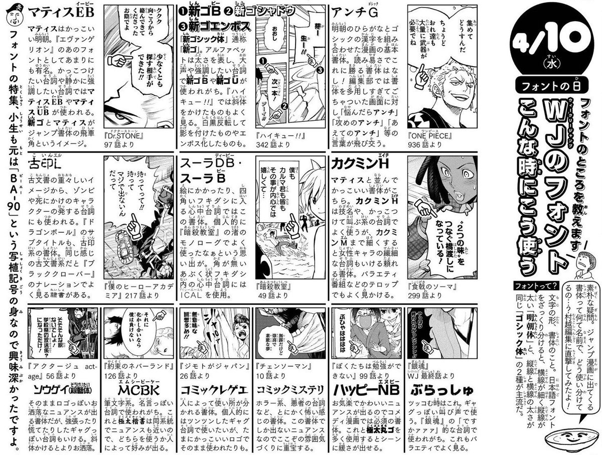 今回自分で文字を入れてみるんですけども。
文字のことを全く知らないので、ジャンプ+の担当さんに、いつも使っている文字はなんという名前ですか…と聞いてみたらこれをシュッと送ってくださった。すごい〜!保存版。 