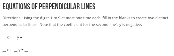 Are your students working on parallel and perpendicular lines?  Try out these two <a href="/openmiddle/">Open Middle</a> problems from <a href="/And02B/">Bryan Anderson</a>: 
openmiddle.com/equations-of-p…
openmiddle.com/equations-of-p… #MTBoS #iteachmath