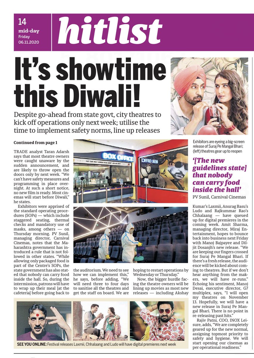 Showtime by #Diwali 🍿

@amitsharma51082 @taran_adarsh @PVSunilCarnival @CarnivalCin #ManojDesai @rajeev_patni @INOXMovies 

Source: @umasagit @mid_day 07/11/20