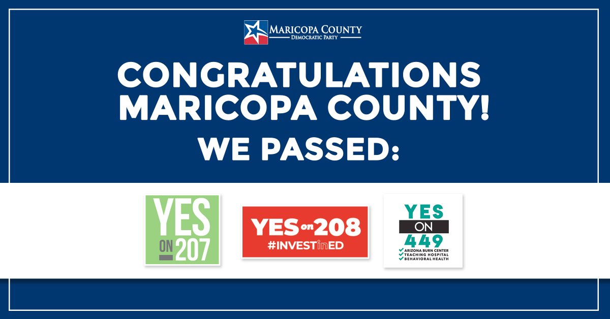 MaricopaDems's tweet photo. While many races are too close to call, we are celebrating a few big wins! We are thrilled voters passed @investinedaz @SmartandSafeAZ and @yeson449 https://t.co/CBsARa8WIb