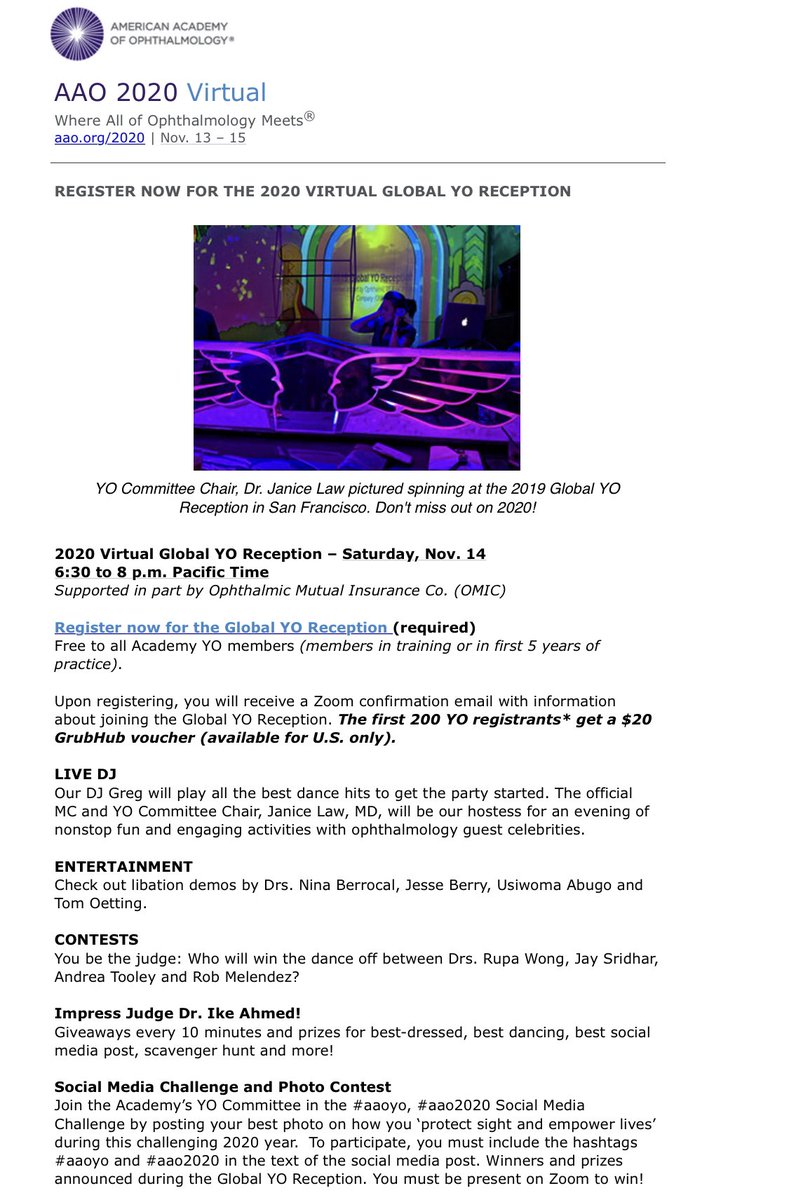 DrAndreaTooley's tweet photo. Registration for the #aaoyo global reception is LIVE! This is a must-attend event for @aao_ophth and is going to have a live DJ, guest appearances by @ikekahmed, prizes, and so much more!! First 200 to register get a grubhub voucher! https://t.co/24lM2jW6c2 https://t.co/tuJCp7QcFG