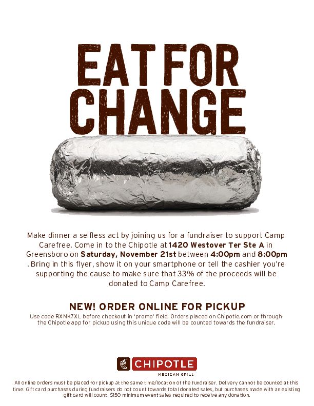 CampCarefree's tweet photo. Help raise funds by eating delicious @ChipotleTweets #burritos! Mark your calendar for 11/21, 4-8pm, 1420 Westover Ter Ste A, Greensboro, NC. Mention CCF when you order! https://t.co/QZbgeygzjT