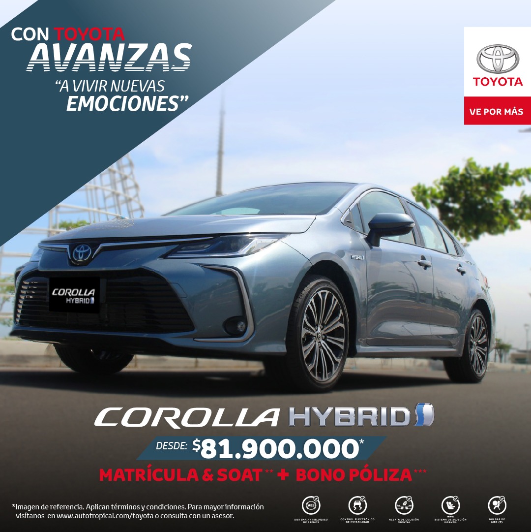 AutotropicalT's tweet photo. #Toyota #Corolla HYBRID, siempre adelante. El nuevo sistema auto recargable está compuesto por dos motores (naftero + eléctrico) que trabajan conjuntamente para brindar una experiencia de conducción única. Cotiza Whatsapp 320-5116338. #ConcesionarioToyota #Autotropical https://t.co/3FswYAkylk