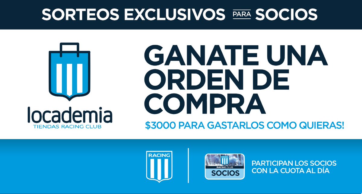 RacingSocios's tweet photo. Viernes por la noche y se viene otro #SorteoParaSocios 🎓 con un voucher de $3️⃣0️⃣0️⃣0️⃣ en @LocademiaRacing 🛍️💰

Seguinos 👤, dale RT 🔁 y comentá tu nombre y número de socia o socio para participar 🤩

Conocé todos los sorteos y beneficios ➡️ https://t.co/s2jL0bnlA8 https://t.co/reYkQAOh3j