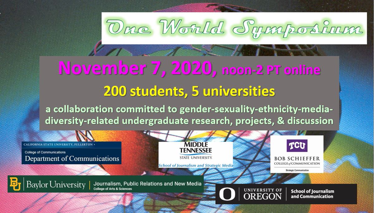 dpompper's tweet photo. One World Symposium is tomorrow! #J320 @UOsojc @uoregon @GretchenSoderl1 Undergrad students across the U.S. Zooming research & projects about the importance of #DEI @lambiase @miamoodyramirez @NancyVanLeuven @KeonteColeman https://t.co/2buxhplSs4