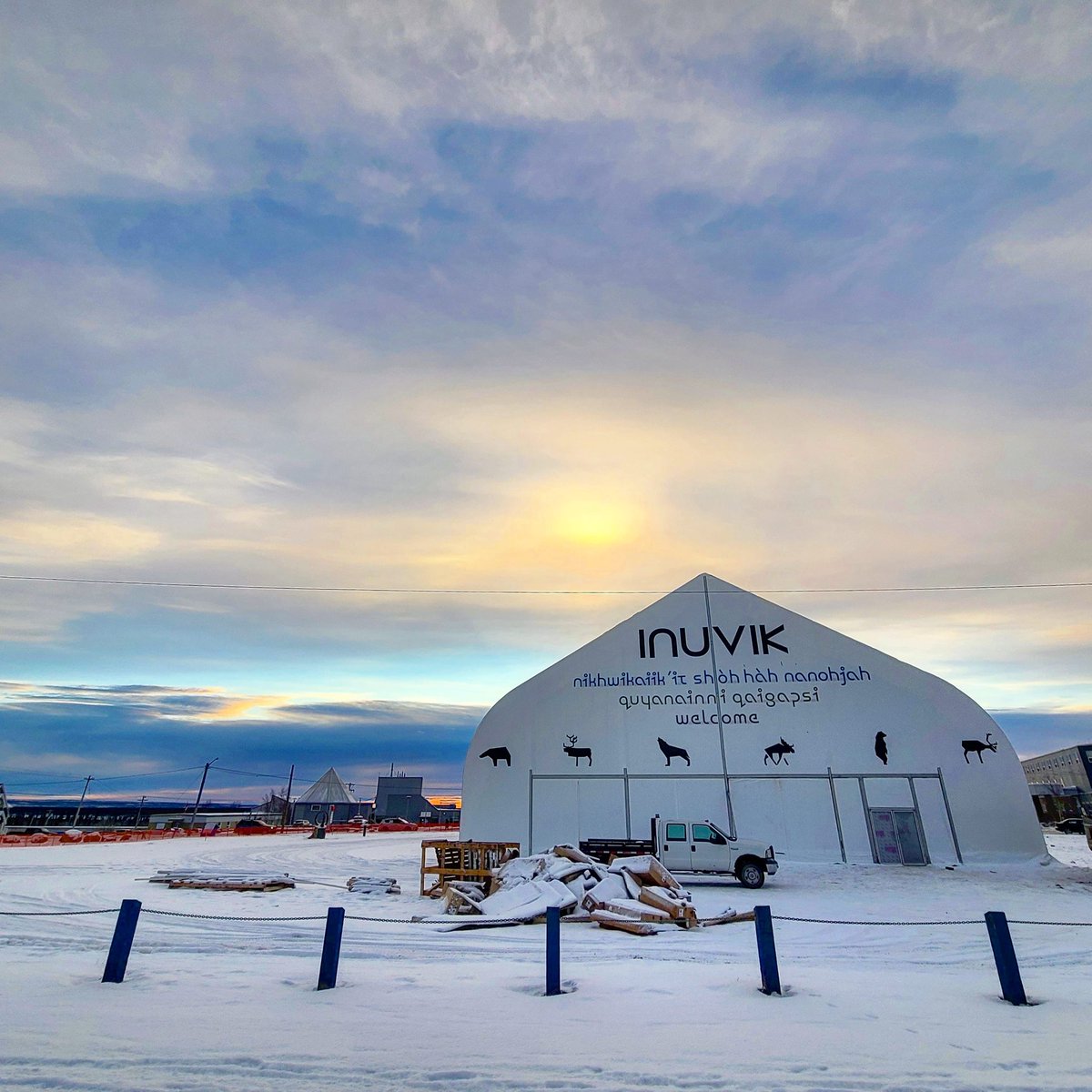 Watercolour Weekend Skies over the new Special Events Pavilion in Chief Jim Koe Park in the ❤ of Inuvik, Northwest Territories, Canada. #Inuvik #TrulyArctic #SpectacularNWT #ExploreCanada 
#WeWillDanceAgain