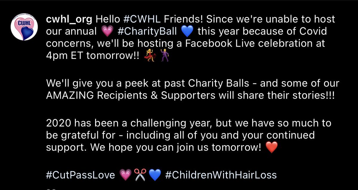 #CWHL Friends! We can't host our annual 💗#CharityBall 💙 bcuz of Covid but we'll host a Facebook Live party at 4pmET tmrw!! 💃🕺 Facebook.com/cwhlmi

Our AMAZING Recipients &amp; Supporters will share stories!!

Hope you can join us! ❤️

#CutPassLove 💗✂️💙 #ChildrenWithHairLoss