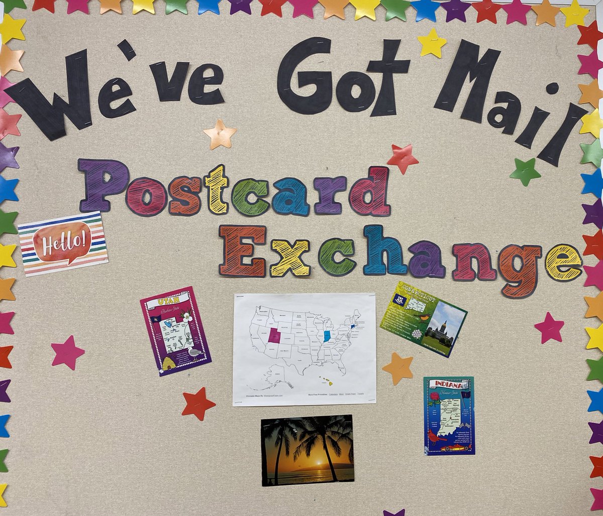 MsDishian's tweet photo. Loving our postcard exchange adventure!! We are hearing from fifth grade classes all over the country! So far Indiana, Utah, and today a class from an army base in Hawaii. So exciting. #exchangingideas #exchangingknowledge #StrongerTogether #newlearning https://t.co/2KVAXp6z1m
