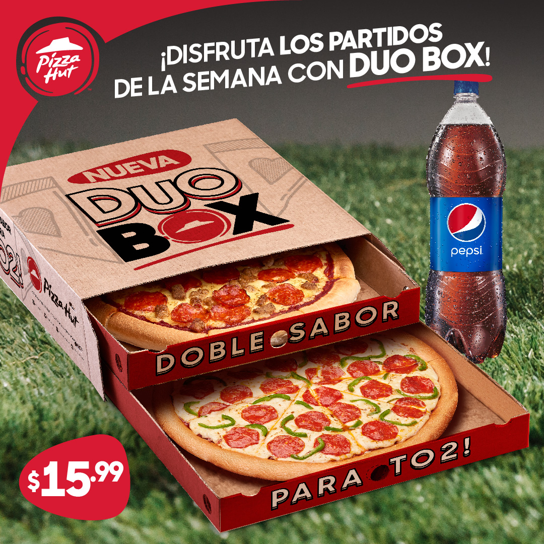 PizzaHutEC's tweet photo. Disfruta el partido y celebra los goles con DUO BOX, por cada Gol regalamos una DUO BOX, solo danos RT

#PizzaHut #Parato2 https://t.co/oWIOKty5OT