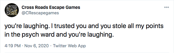 CRescapegames's tweet photo. Who can you trust? Who will you betray?
Get your last laugh in The Psych Ward, a strategy game. We still have games available for today, but they won't last long!
🗝
#EscapeRoom #EscapeGame #EscapeRooms #EscapeGames #YoureLaughing #EscapeRoomMeme #StrategyGame #Anaheim #SoCal https://t.co/6yrMRiLRMN
