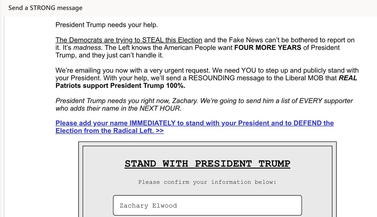 Couple Trump emails just now. "Detroit and Philadelphia, two of the most politically corrupt places in America, cannot be responsible for deciding the outcome of this race.""they’re not only trying to STEAL the Election from me - they’re also trying to steal it from YOU."