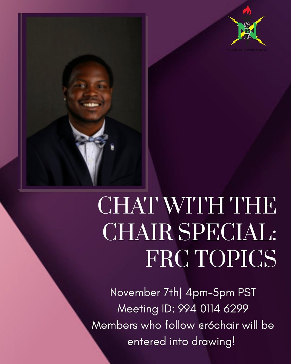 A special Chat with the Chair will be tomorrow in discussion on FRC Topics, updates, and everything you need to prepare. 🎉🎉🏠💜

November 7th, 4pm-5pm PST
Members that follow <a href="/r6chair/">R6 Chairperson</a>
will be put in a special drawing! 💯💯

Zoom Link: nsbe-org.zoom.us/j/99401146299

#nsbe #r6nsbe