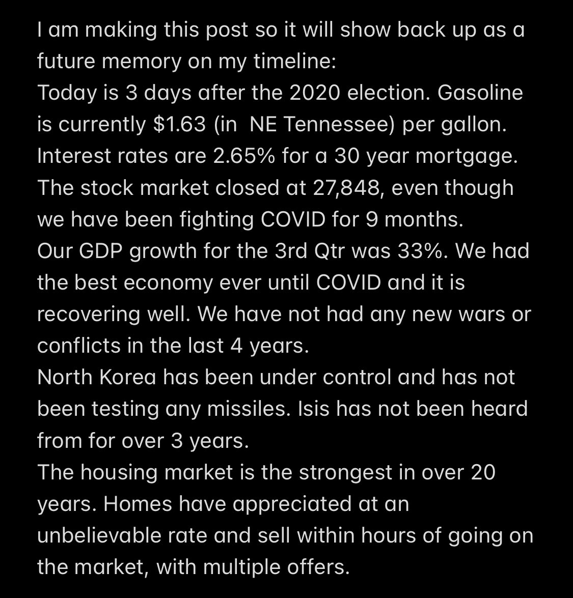 theilkjam's tweet photo. I’m not pro trump. I waffle all over the political spectrum. Im “pro” low gas prices, a strong economy for the middle class and low taxes. I want to see small businesses thrive, and the stock market green most days. I hope we are all of this and more 4 years from now https://t.co/F4MAddCeno
