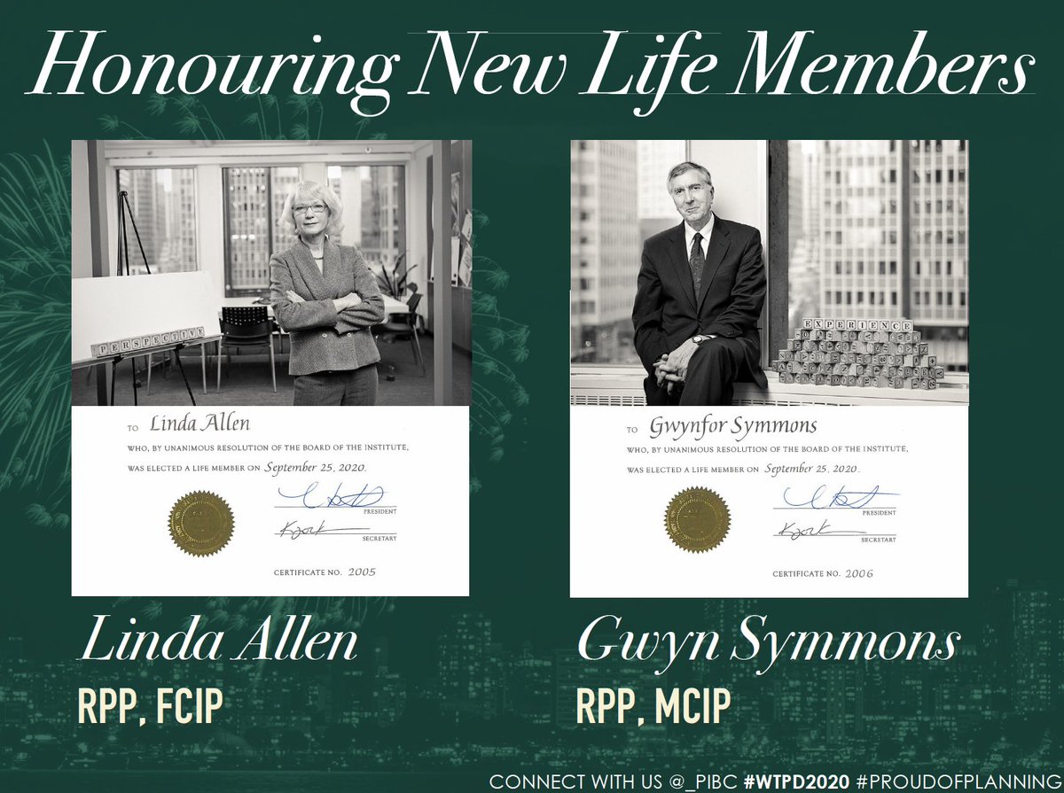 _PIBC's tweet image. Congratulations to our 2020 Life Member Honourees - Linda Allen #RPP, #FCIP &amp;amp; Gwyn Symmons #RPP, #MCIP! Such a pleasure to recognize them both with the highest &amp;amp; most distinguished honour that PIBC can bestow upon long-serving professional members of the Institute!