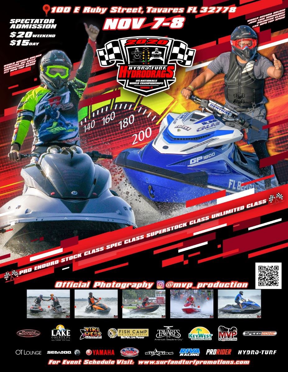 Saturday &amp; Sunday 13th Annual Hydro-Turf HydroDrag World Championships sponsored by the City of Tavares and Lake County will be held on November 7th and 8th at Wooton Park East, located in downtown Tavares at 100 East Ruby Street.  The World’s fastest personal watercraft racers