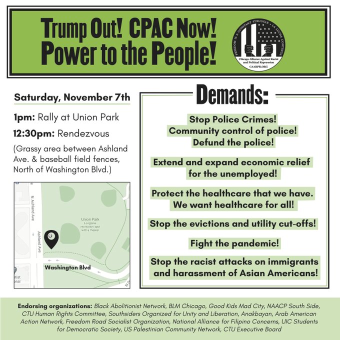 aaanmarkaz's tweet photo. Who's pullin up 2mrw, Nov 7, with @CAARPRNow, @BLMChi, @SOULInChicago, @CTULocal1, AAAN &amp; others?

Demand an end to the Trump Regime &amp; a People's mandate!

#DefundThePolice #StopPoliceCrimes #CPACnow #HealthcareForAll #EconomicRecoveryPlan  #IncomeForAll #Election2020results https://t.co/ggXxErWEIT