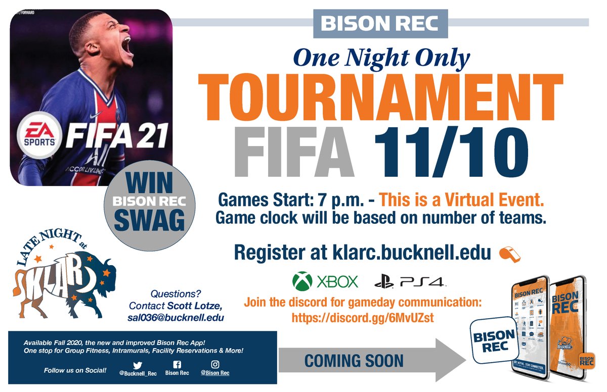 Bucknell_Rec's tweet photo. Register now for the FIFA Tournament next Tuesday night sponsored by Bison Rec as part of our Late Night at KLARC series!! ⚽️🏆🎮 #bisonrec #FIFA #latenightatklarc https://t.co/Mc68dm9OSQ