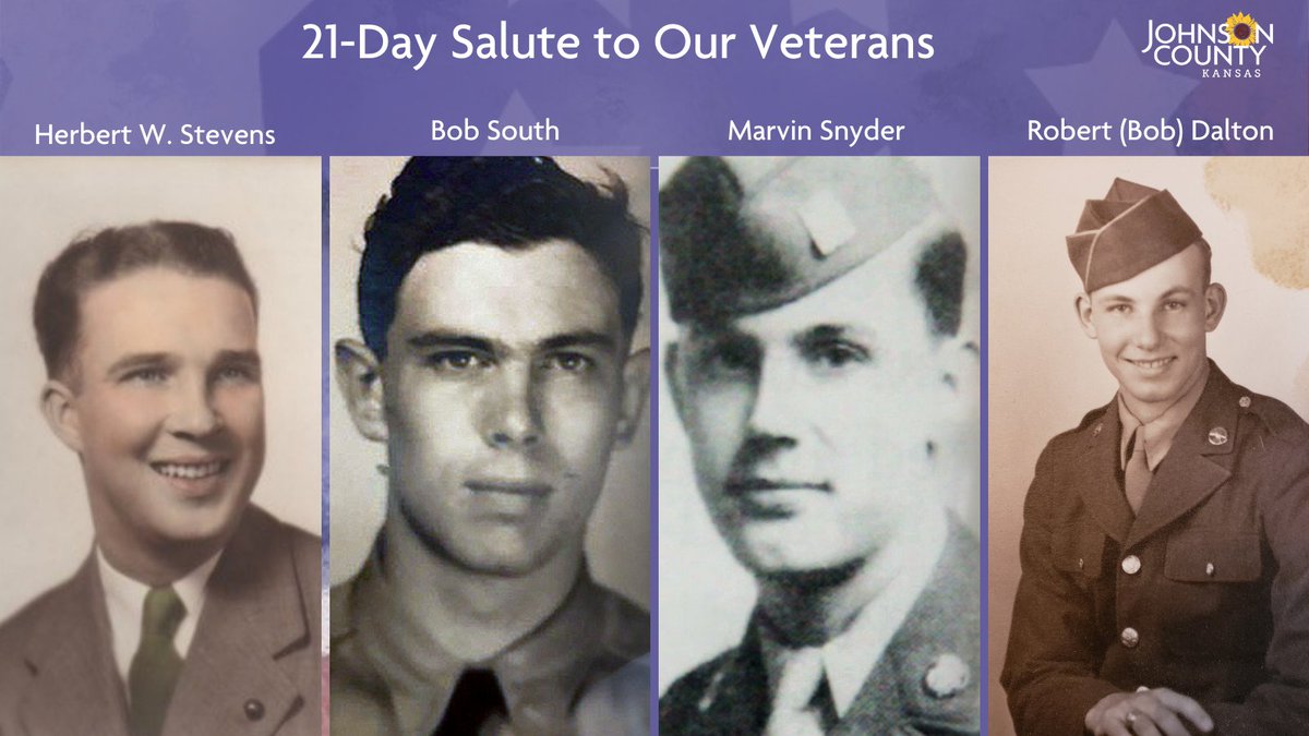 Ending this week as we continue the 21-Day Salute to our Veterans leading up to  #VeteransDay. Honoring four more World War II veterans. You can view their profiles at  https://jocogov.org/JoCoHonorsVets . View all veteran profiles featured so far at  https://jocogov.org/all-veteran-salutes  #JoCoHonorsVets 