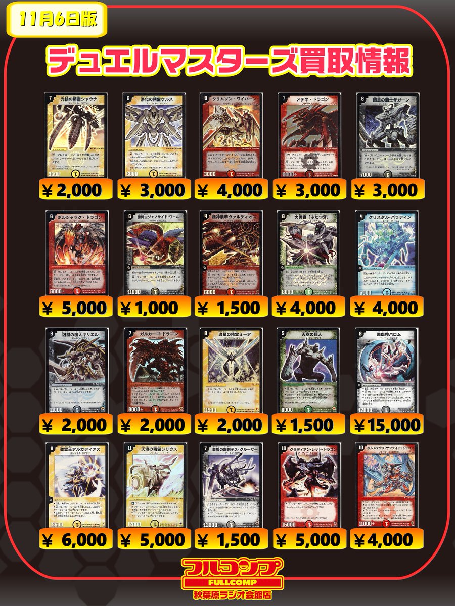 フルコンプ秋葉原ラジオ会館店 デュエマ プレミアム殿堂カード買取表です 無双竜機ボルバルザーク 8000円買取 エンペラーキリコ 00円買取 アクアン プロモ 700円買取 サイバーブレイン 500円買取 サイバーブレイン 特に募集中です