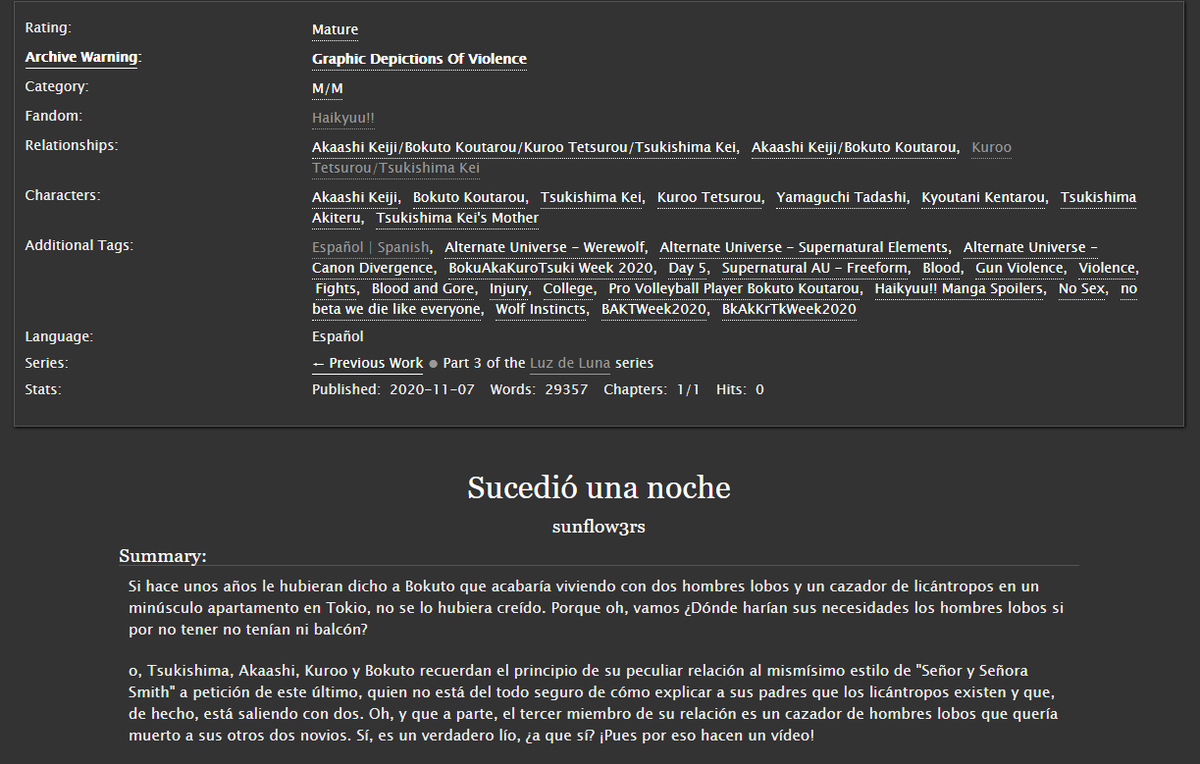 sanflowuers's tweet photo. Day 5: Supernatural Au (un poco tarde, pero no pasa nada)
"Sucediรณ una noche" ESP
M Rated | BokuAkaKuroTsuki | 29k | Werewolf AU
AO3: https://t.co/pSI3nQlSdL
#BokuAkaKuroTsukiWeek2020 #BkAkKrTkWeek2020 #BAKTWeek2020 https://t.co/YRLeAOYM6O