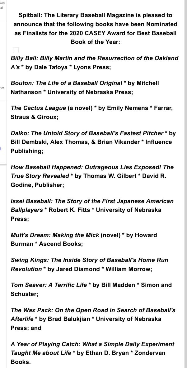 BaseballBookPod's tweet photo. Nine of the 11 finalists for the 2020 Casey Award have been featured on Baseball by the Book. Hope to get the other two on soon. https://t.co/GUBdpe9ohX