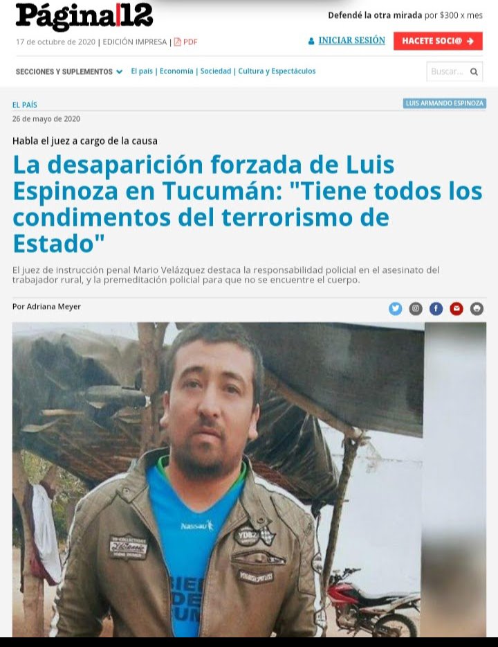 once_pi's tweet photo. @JuanManzurOK Hasta @pagina12 lo dejó bien claro:
La #DesaparicionForzada de Luis Espinoza en #Tucuman: "Tiene Todos los Condimentos del TERRORISMO de ESTADO".
¿Quién es el Estado en Tucumán?
EstE tipejO que AHORA NO QUIERE QUE VOTEMOS en la PRIMARIAS que #inventaron los peronchokirchneristas https://t.co/39Lptm8VFv