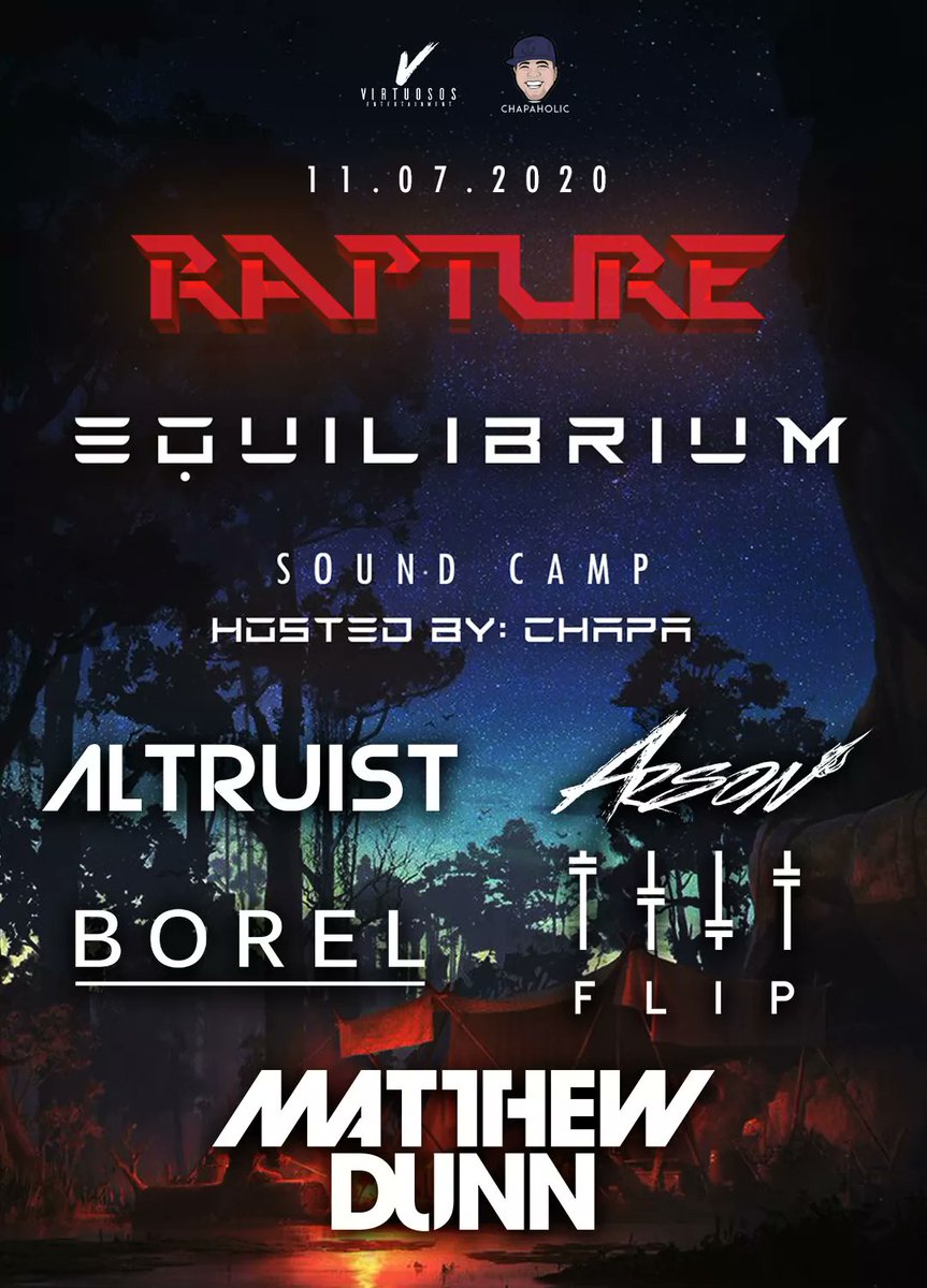 DJMatthewDunn's tweet photo. This just in! For all you attending #Rapture this weekend, come catch me at the #Equilibrium #SoundCamp Saturday night for some #afterparty action!
#multigenre #house #bass #dubstep #trap #trance #techno #EDM #festival #PLUR @VirtuososEnt https://t.co/JRiXJMLFYI